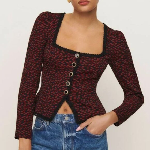 Reformation Nikky Top Blouse - French Kiss Red Black Size 2 - Picture 3 of 12